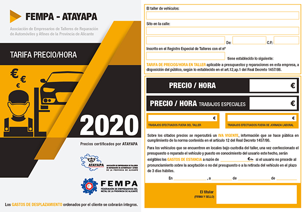 oficial módulo chatarra CARTEL PRECIO - HORA 2020 PARA TALLERES ASOCIADOS A FEMPA - Fempa